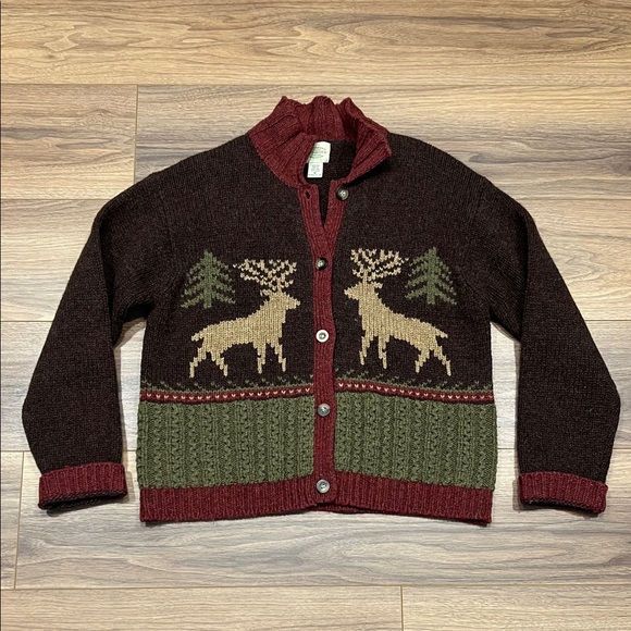 G.H. Bass & Co. Sweaters - GH Bass Vintage Wool Button Up Sweater Cardigan Deer Tree Burgundy/Brown Medium